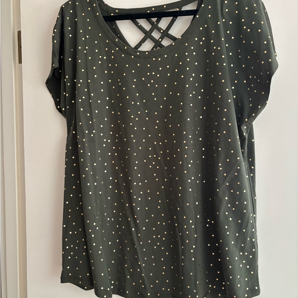 Lane Bryant Women's Olive Green Gold Polka Dot Top